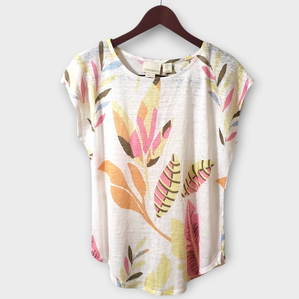 Cynthia Rowley Womens 100% Linen Cap Sleeve Tee Tropical Floral Top White Pink M